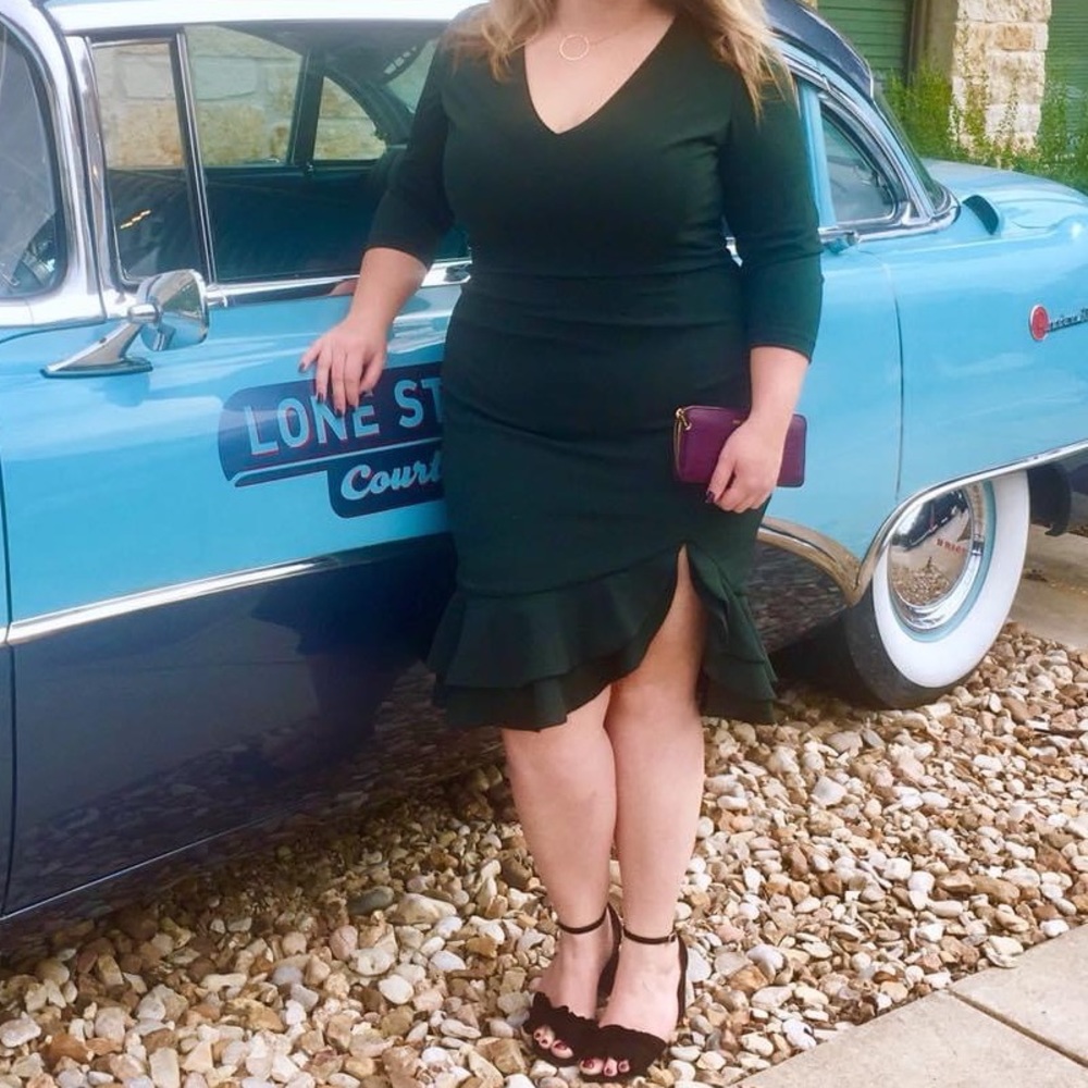 Forest green ruffle hem Rachel Roy midi dress